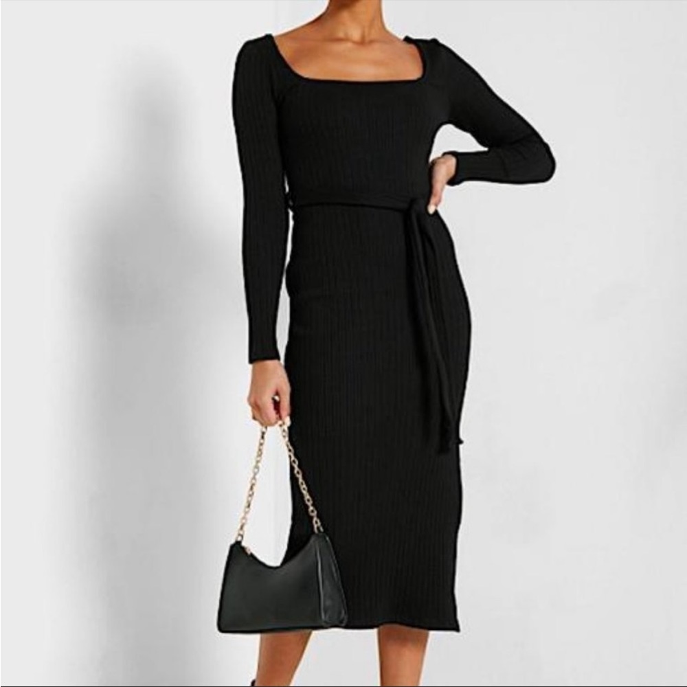 NWT Topshop Black Ribbed Square-Neck Maxi dress with slit and belt. Size 12